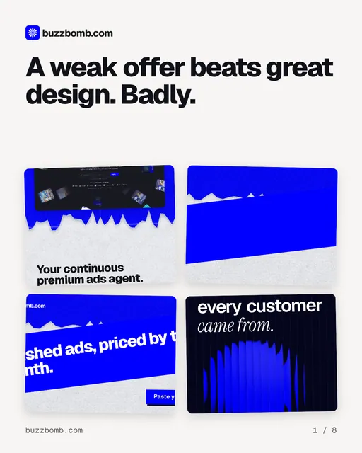 Carousel for BuzzBomb: "A weak offer beats great design. Badly.". Collection carousel, 8 slides, light palette.