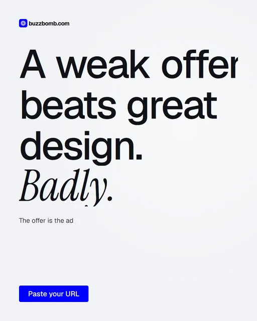 Video for BuzzBomb: "A weak offer beats great design. Badly.". Doc motion loop, 7.0 s, light palette.