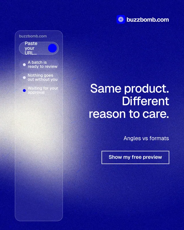 Instagram portrait post for BuzzBomb: "Same product. Different reason to care." Cyanotype style, right layout, dark palette in blue.