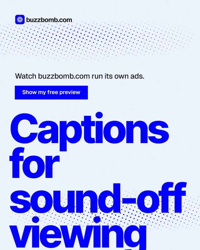Instagram portrait post for BuzzBomb: "Captions for sound-off viewing". Swiss style, oversized layout, light palette in white, blue.