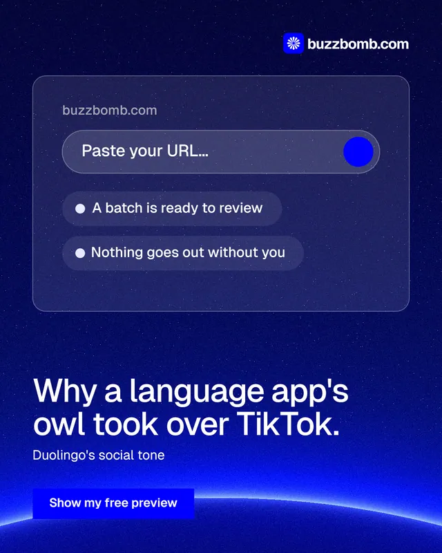 Instagram portrait post for BuzzBomb: "Why a language app's owl took over TikTok." Swiss style, bottom layout, dark palette in blue.