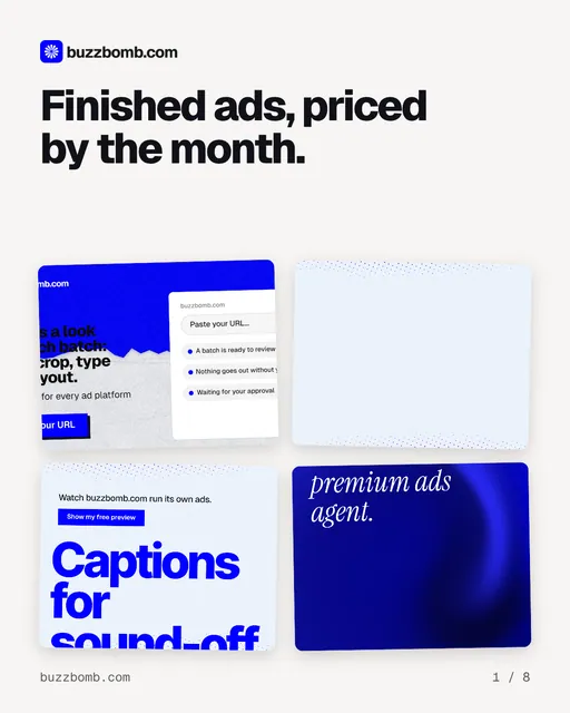Carousel for BuzzBomb: "Finished ads, priced by the month.". Collection carousel, 8 slides, light palette.