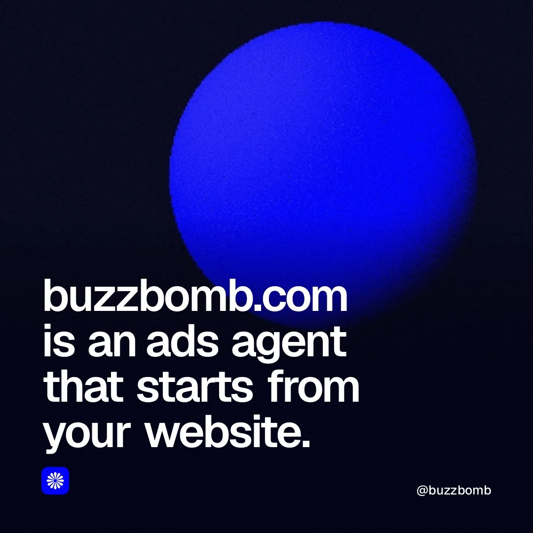 Video for BuzzBomb: "buzzbomb.com is an ads agent that starts from your website.". Shader loop, 6.0 s, dark palette.