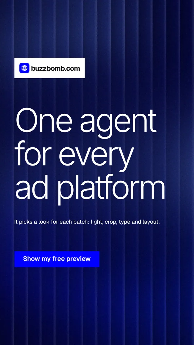 Instagram story for BuzzBomb: "One agent for every ad platform". Swiss style, announce layout, dark palette in blue, grey.