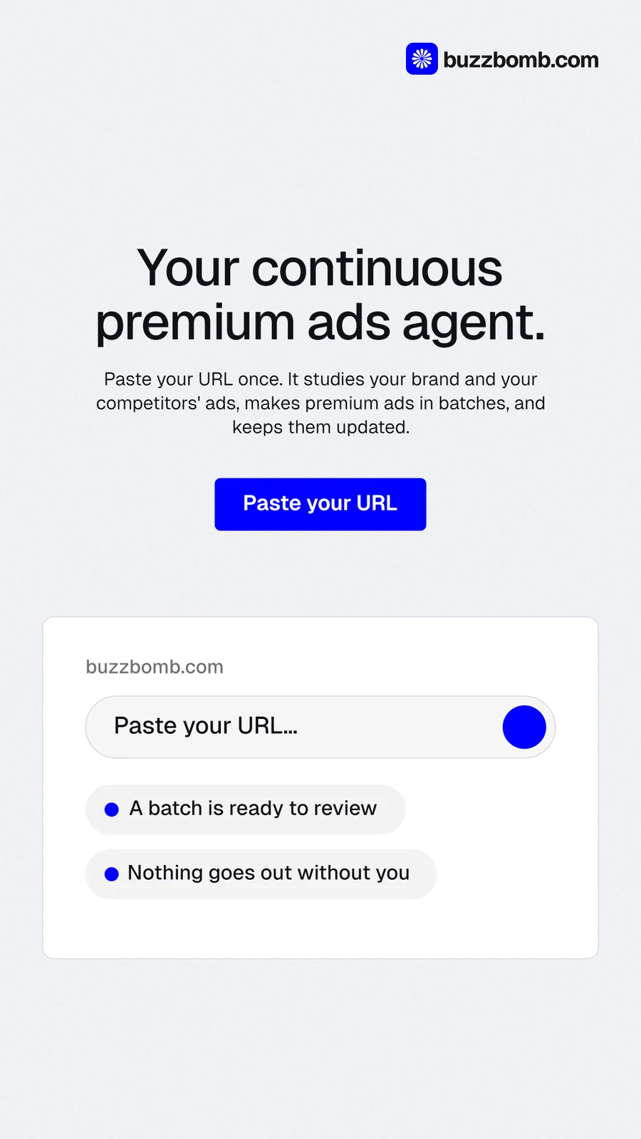 Instagram story for BuzzBomb: "Your continuous premium ads agent." Data card style, centred layout, light palette in white, blue.