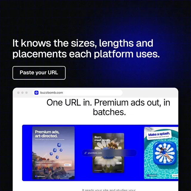Instagram post for BuzzBomb: "It knows the sizes, lengths and placements each platform uses." Phosphor atlas style, browser layout, dark palette in black, blue.