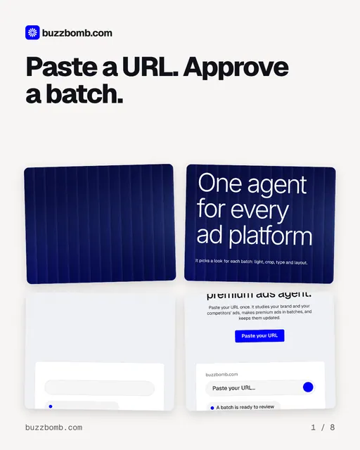 Carousel for BuzzBomb: "Paste a URL. Approve a batch.". Collection carousel, 8 slides, light palette.