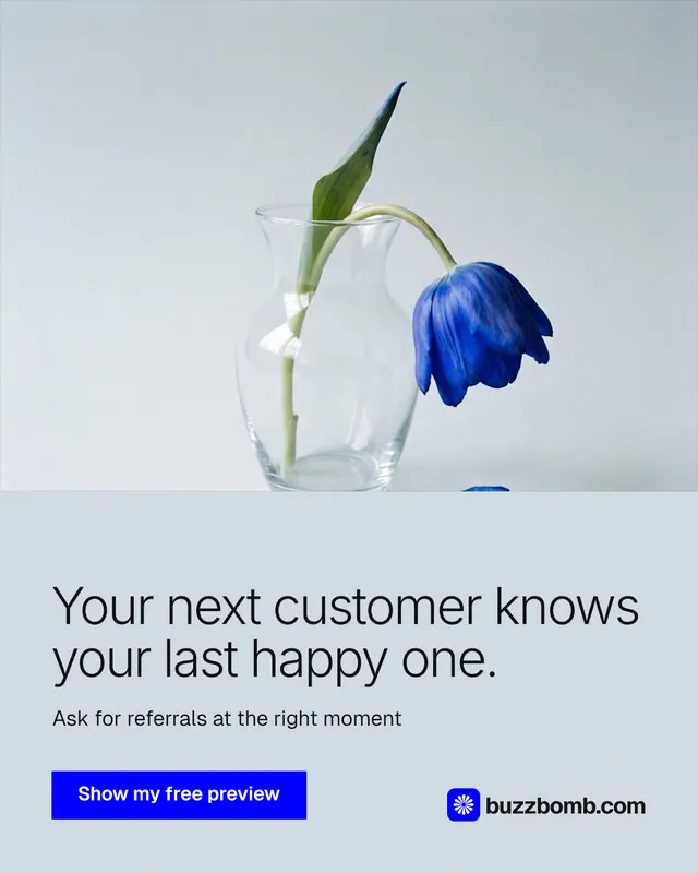 Instagram portrait post for BuzzBomb: "Your next customer knows your last happy one." Swiss style, bottom layout, light palette in white, blue.