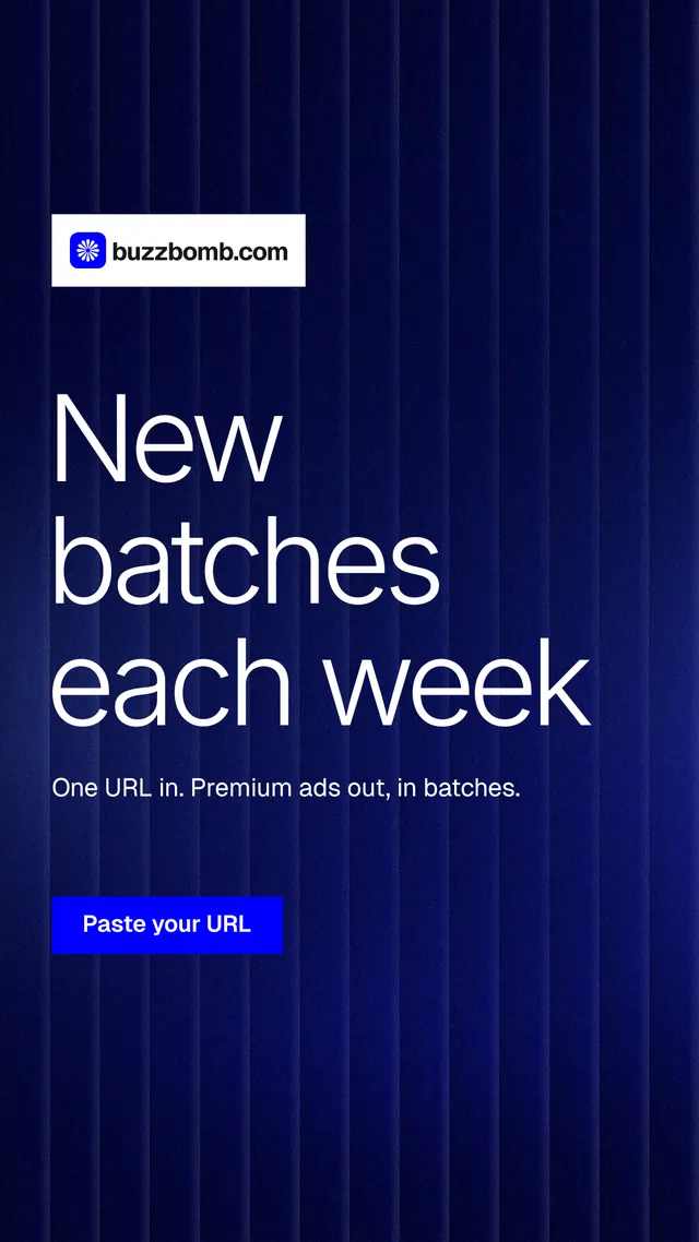 Instagram story for BuzzBomb: "New batches each week". Swiss style, announce layout, dark palette in black, blue, grey.