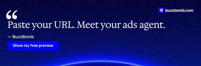 X header for BuzzBomb: "Paste your URL. Meet your ads agent." Swiss style, quote layout, dark palette in blue.