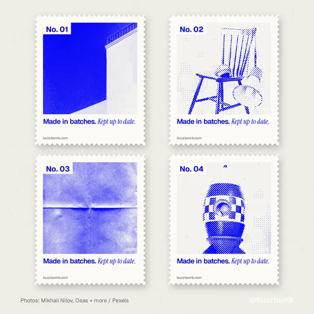 Instagram post for BuzzBomb: "Made in batches. Kept up to date." Sheet style, technique:stamp series layout, light palette in yellow, white, blue.