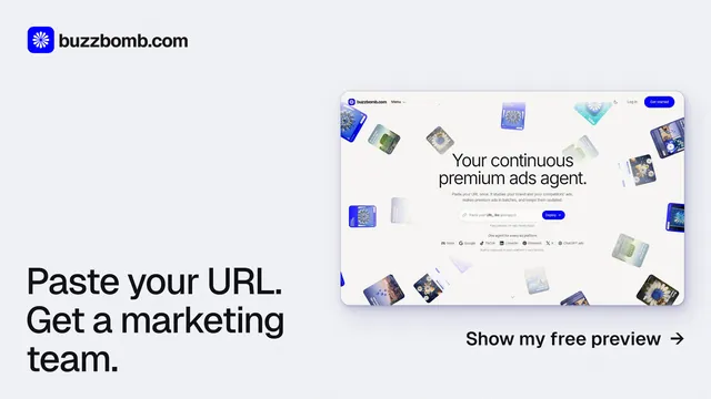 Landscape graphic for BuzzBomb: "Paste your URL. Get a marketing team." Data card style, image led layout, light palette in white.