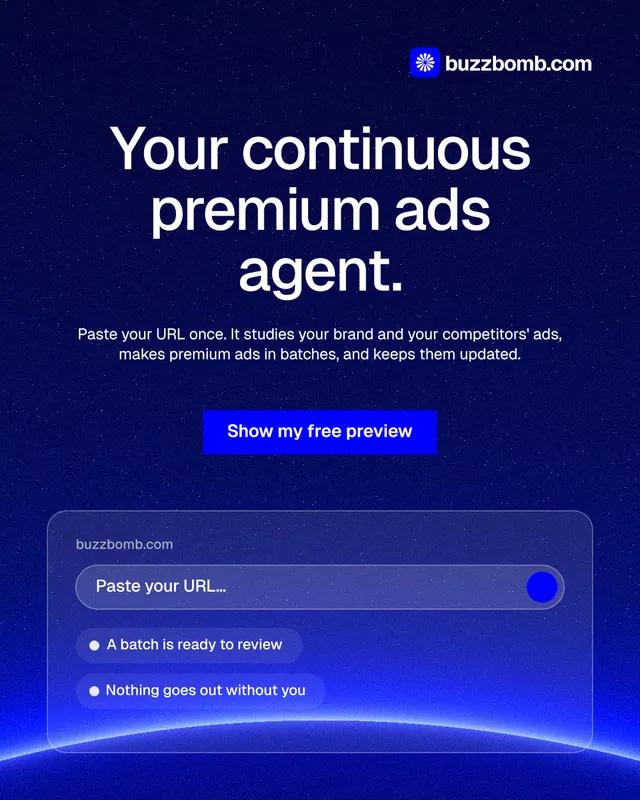 Instagram portrait post for BuzzBomb: "Your continuous premium ads agent." Swiss style, centred layout, dark palette in blue.