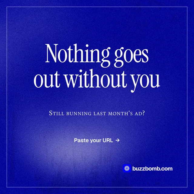 Instagram post for BuzzBomb: "Nothing goes out without you". Editorial style, smallcaps layout, dark palette in blue.