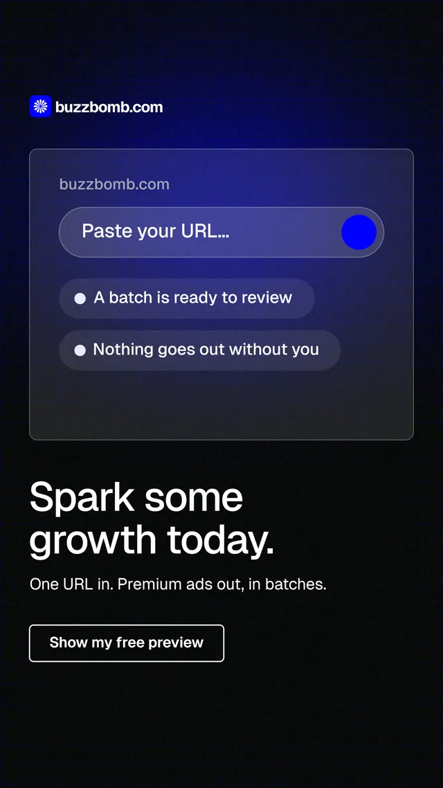 Instagram story for BuzzBomb: "Spark some growth today." Phosphor atlas style, bottom layout, dark palette in black, blue.
