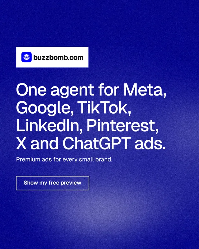 Instagram portrait post for BuzzBomb: "One agent for Meta, Google, TikTok, LinkedIn, Pinterest, X and ChatGPT ads." Cyanotype style, announce layout, dark palette in blue.