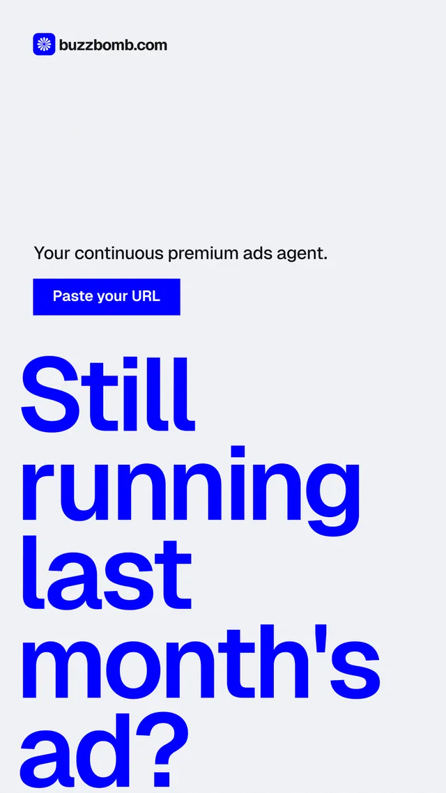 Instagram story for BuzzBomb: "Still running last month's ad?" Swiss style, oversized layout, light palette in white, blue.