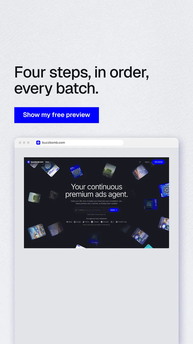 Instagram story for BuzzBomb: "Four steps, in order, every batch." Swiss style, browser layout, light palette in white, blue, grey.