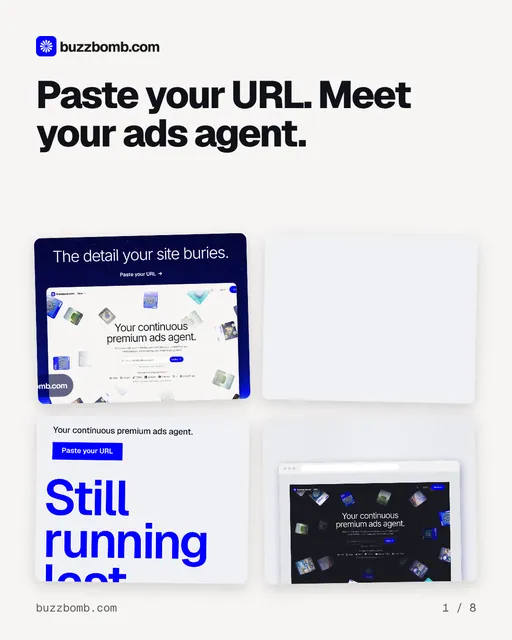 Carousel for BuzzBomb: "Paste your URL. Meet your ads agent.". Collection carousel, 8 slides, light palette.