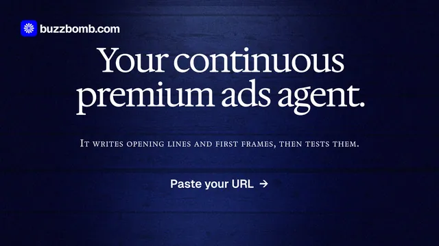 Landscape graphic for BuzzBomb: "Your continuous premium ads agent." Dark deco style, smallcaps layout, dark palette in blue, black.