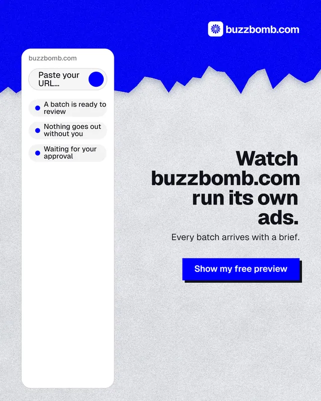 Instagram portrait post for BuzzBomb: "Watch buzzbomb.com run its own ads." Paper trio style, right layout, light palette in white, blue.