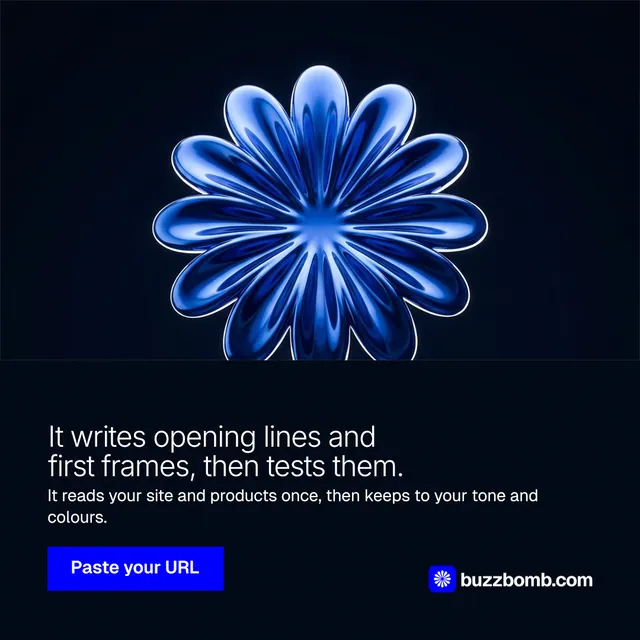 Instagram post for BuzzBomb: "It writes opening lines and first frames, then tests them." Swiss style, bottom layout, dark palette in black, blue.