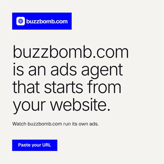 Instagram post for BuzzBomb: "buzzbomb.com is an ads agent that starts from your website." Swiss style, announce layout, light palette in white, blue.