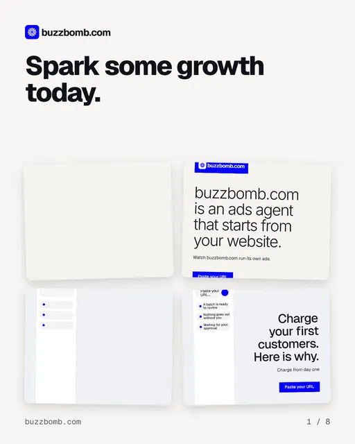 Carousel for BuzzBomb: "Spark some growth today.". Collection carousel, 8 slides, light palette.