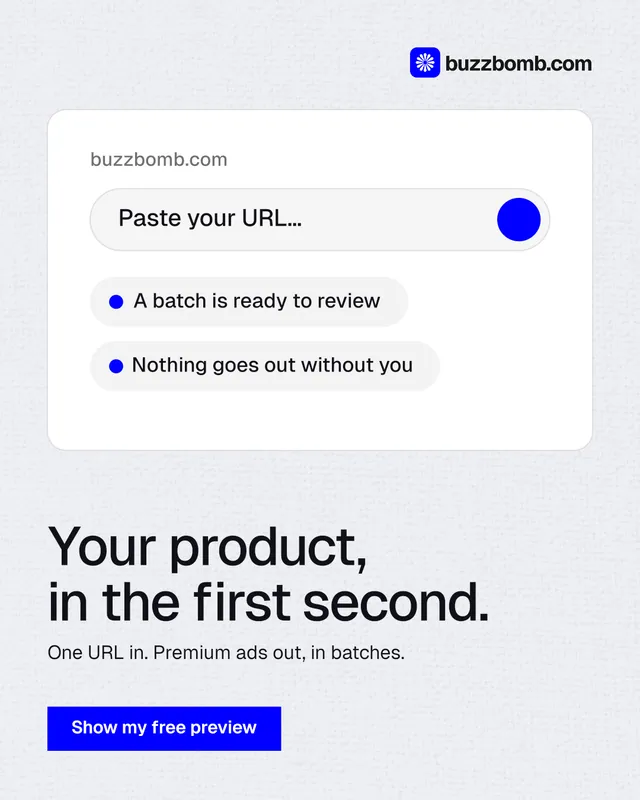 Instagram portrait post for BuzzBomb: "Your product, in the first second." Swiss style, bottom layout, light palette in white, blue.