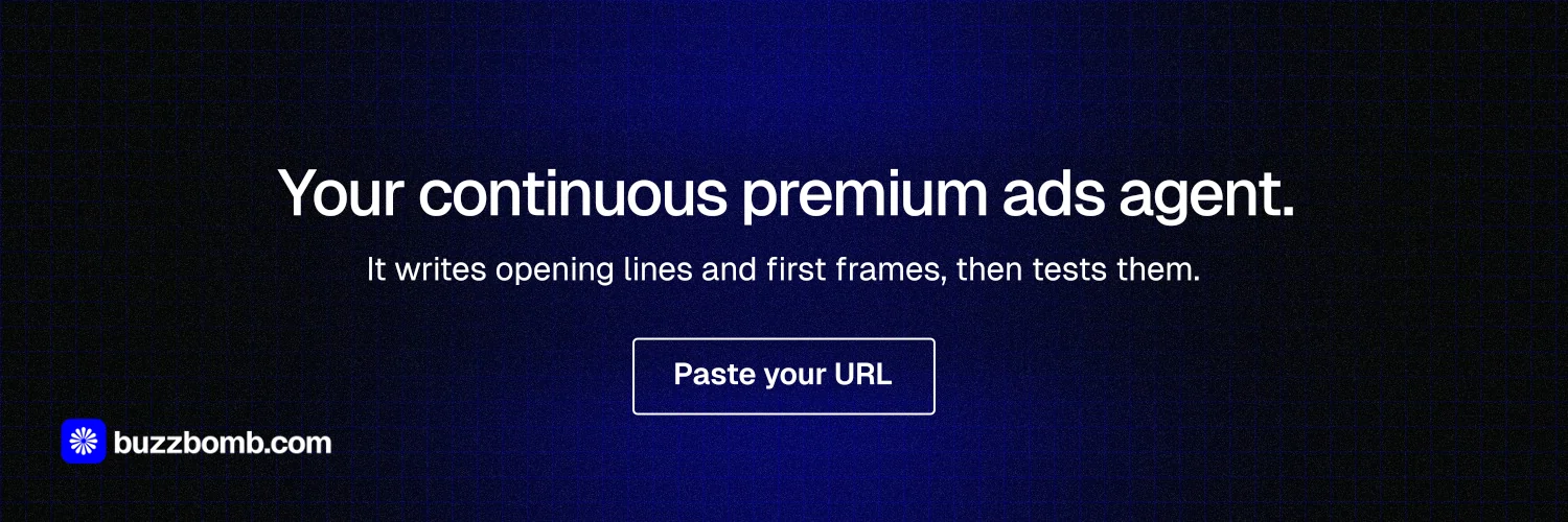 X header for BuzzBomb: "Your continuous premium ads agent." Phosphor atlas style, centred layout, dark palette in black, blue.