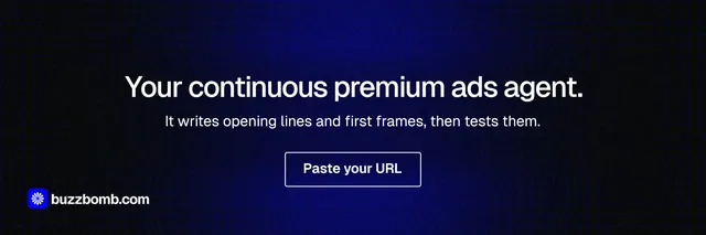 X header for BuzzBomb: "Your continuous premium ads agent." Phosphor atlas style, centred layout, dark palette in black, blue.
