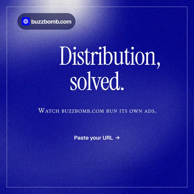 Instagram post for BuzzBomb: "Distribution, solved." Editorial style, smallcaps layout, dark palette in blue.