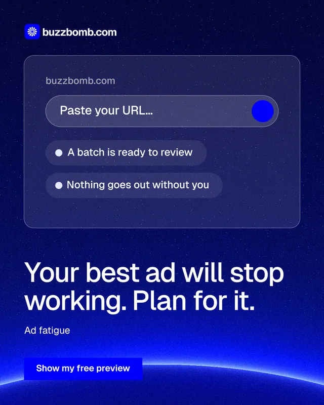 Instagram portrait post for BuzzBomb: "Your best ad will stop working. Plan for it." Swiss style, bottom layout, dark palette in blue.