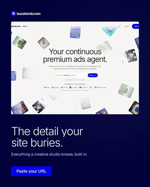 Video for BuzzBomb: "The detail your site buries.". Doc motion loop, 8.0 s, dark palette.
