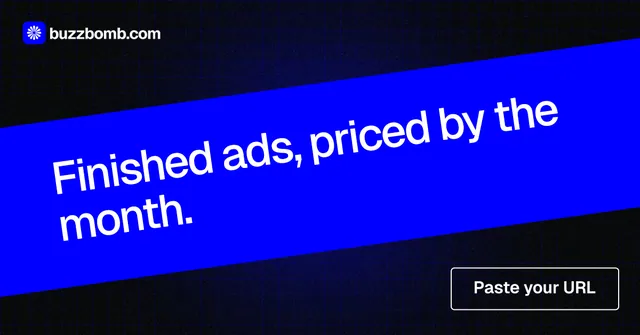 Social ad for BuzzBomb: "Finished ads, priced by the month." Phosphor atlas style, diagonal layout, dark palette in black, blue.