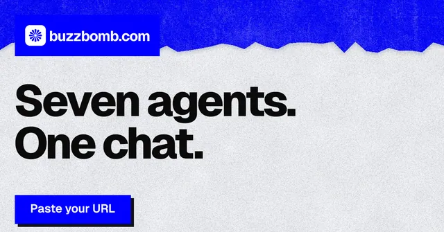 Social ad for BuzzBomb: "Seven agents. One chat." Paper trio style, announce layout, light palette in blue, white.