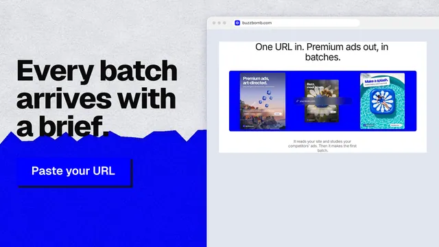 Landscape graphic for BuzzBomb: "Every batch arrives with a brief." Paper trio style, browser layout, light palette in blue, white.