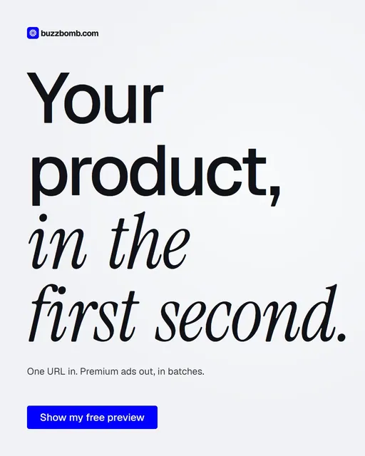 Video for BuzzBomb: "Your product, in the first second.". Doc motion loop, 6.0 s, light palette.
