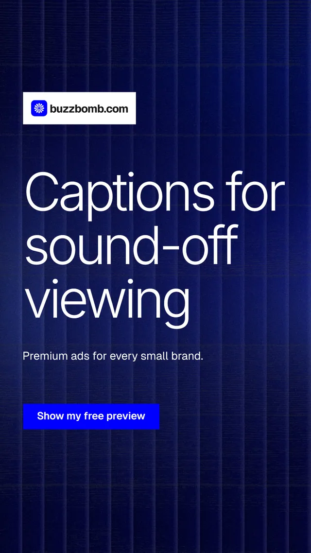 Instagram story for BuzzBomb: "Captions for sound-off viewing". Swiss style, announce layout, dark palette in blue, black.