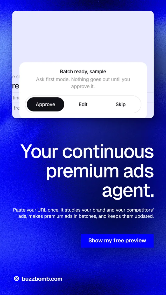 Instagram story for BuzzBomb: "Your continuous premium ads agent." Swiss style, right layout, dark palette in blue, white.