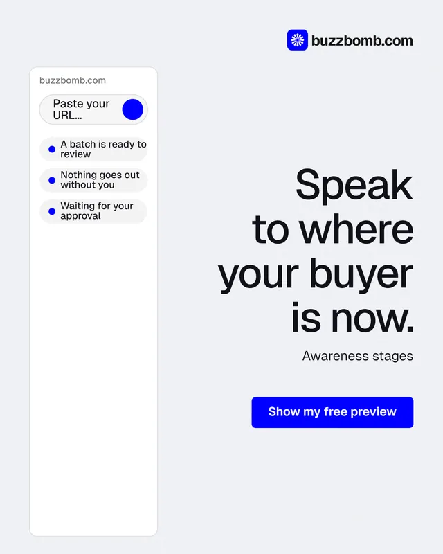 Instagram portrait post for BuzzBomb: "Speak to where your buyer is now." Data card style, right layout, light palette in white, blue.