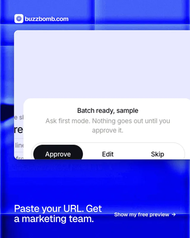 Instagram portrait post for BuzzBomb: "Paste your URL. Get a marketing team." Swiss style, image led layout, light palette in blue, white.