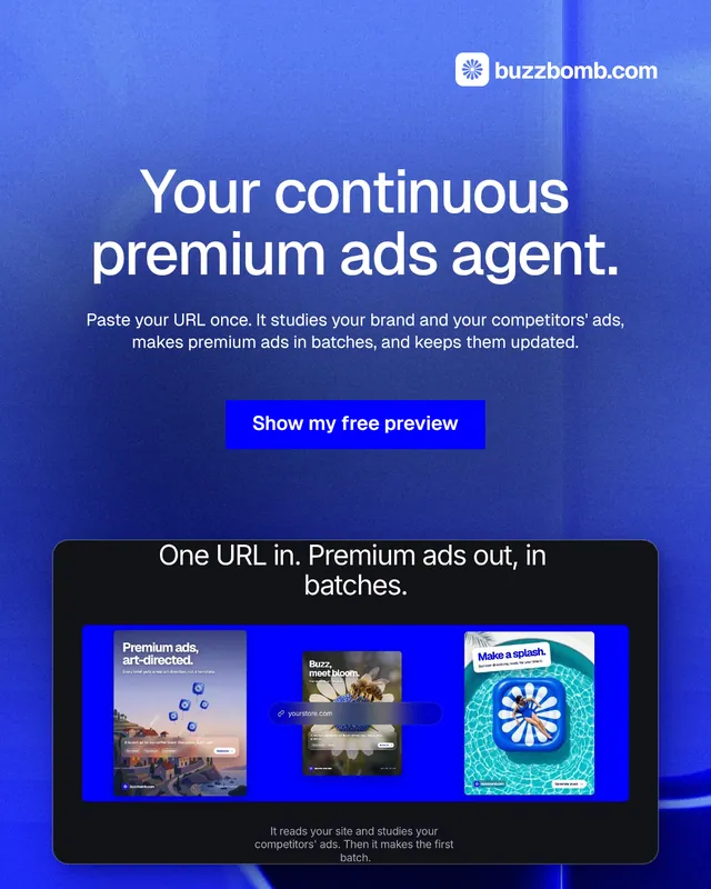 Instagram portrait post for BuzzBomb: "Your continuous premium ads agent." Swiss style, centred layout, dark palette in blue.