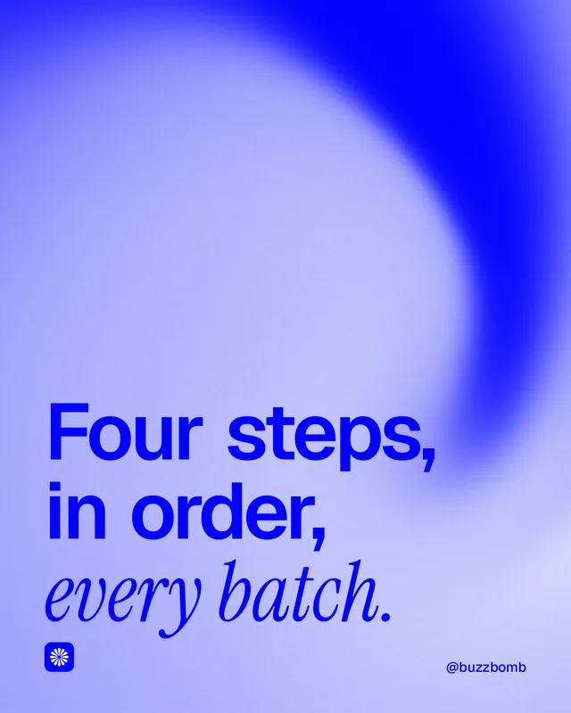 Instagram portrait post for BuzzBomb: "Four steps, in order, every batch." Auto 4x5 style, technique:shader field layout, light palette in blue.