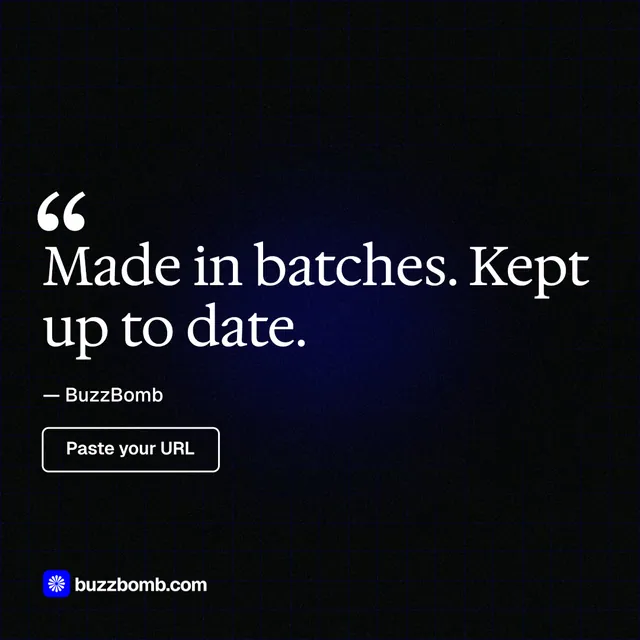 Instagram post for BuzzBomb: "Made in batches. Kept up to date." Phosphor atlas style, quote layout, dark palette in black, grey.