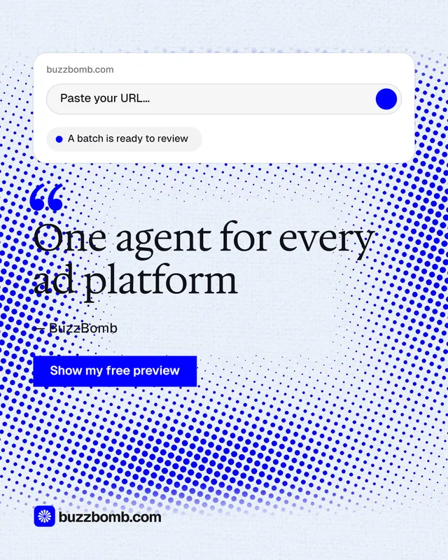 Instagram portrait post for BuzzBomb: "One agent for every ad platform". Swiss style, quote layout, light palette in white, blue.
