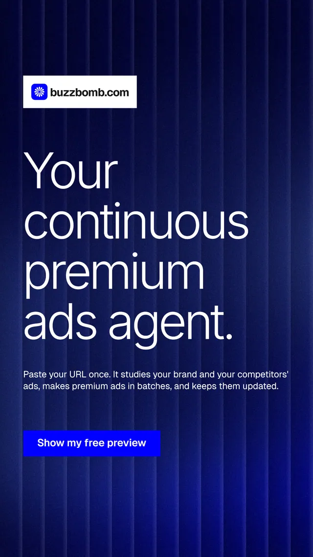 Instagram story for BuzzBomb: "Your continuous premium ads agent." Swiss style, announce layout, dark palette in blue, grey.