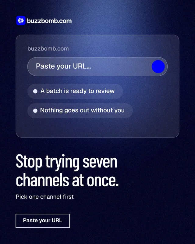 Instagram portrait post for BuzzBomb: "Stop trying seven channels at once." Dark deco style, bottom layout, dark palette in black, blue.