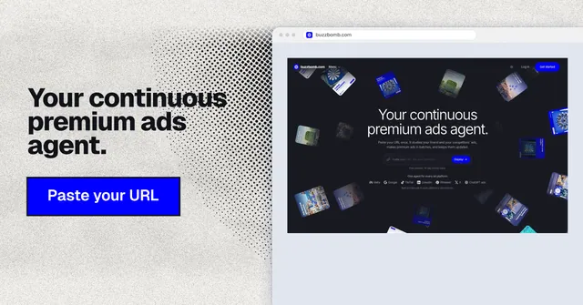 Social ad for BuzzBomb: "Your continuous premium ads agent." Ink sticker style, browser layout, light palette in white, blue, grey.