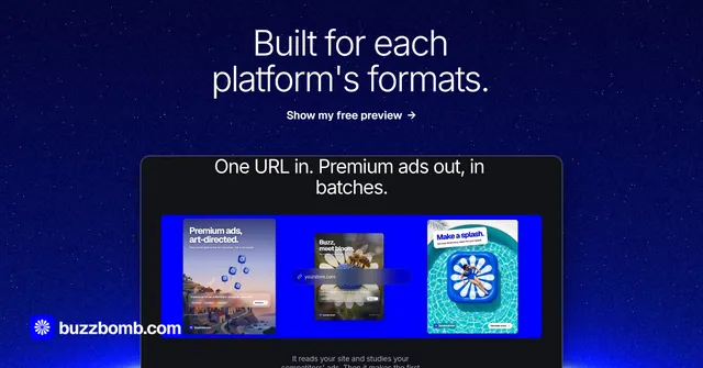 Social ad for BuzzBomb: "Built for each platform's formats." Swiss style, ogui layout, dark palette in blue.